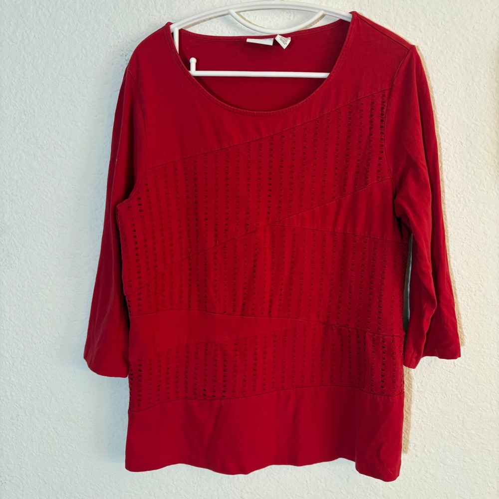Weekends by Chico's Eyelet Front 3/4 Sleeve Top Women 2 Large Red